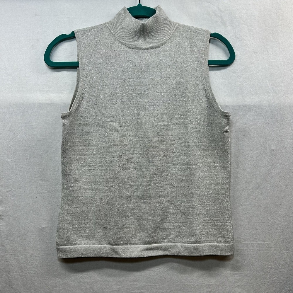 Evie Silk Blend Sleeveless Mock Neck Silver Sparkly Shell Tank Top Medium